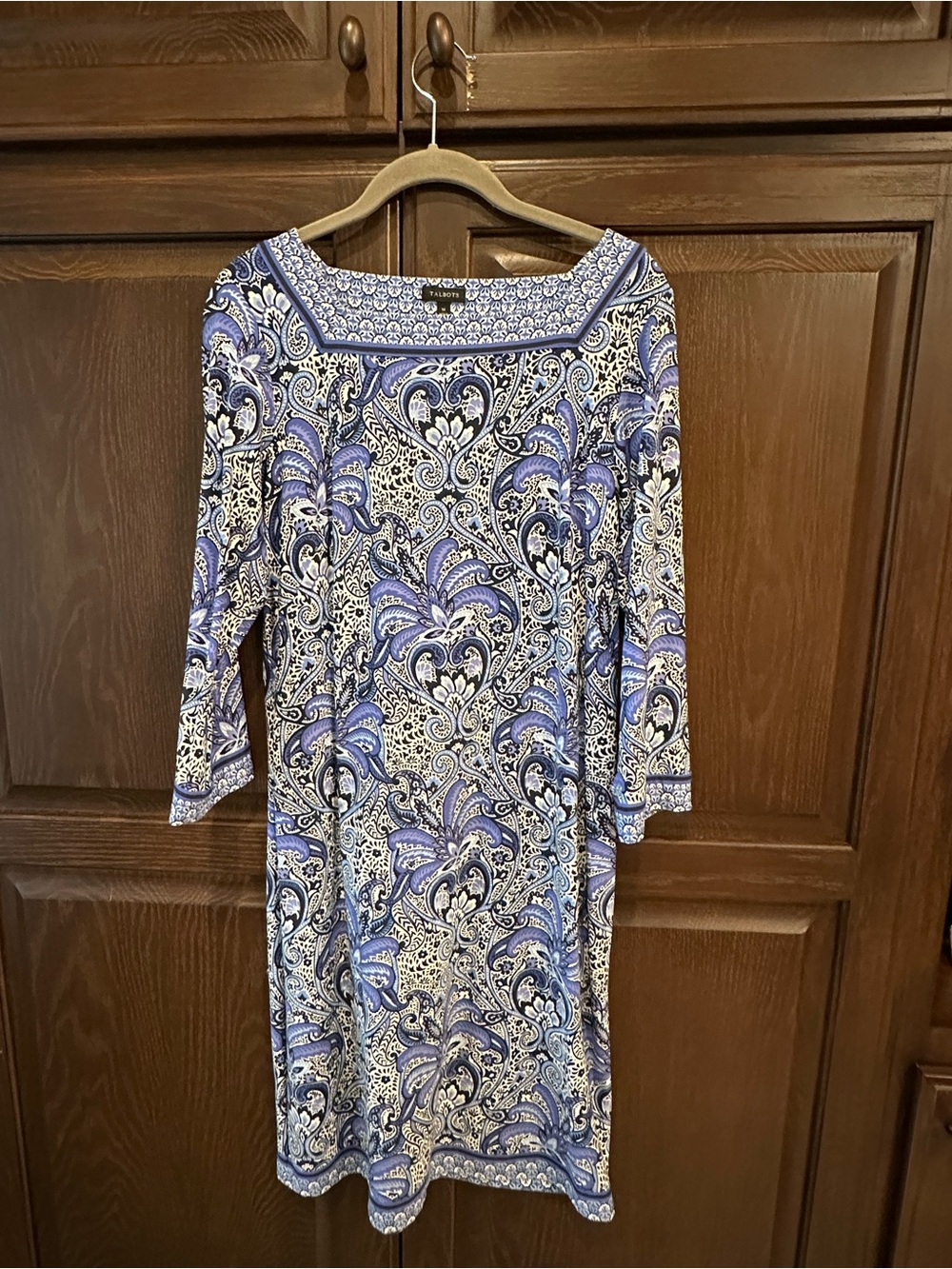 Talbots Blue and White Paisley Long Sleeve Shift Dress